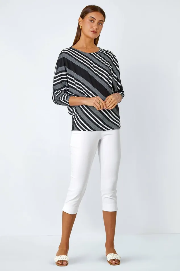 Women Black Relaxed Stripe Print Stretch Top Roman Tops