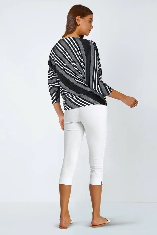 Women Black Relaxed Stripe Print Stretch Top Roman Tops