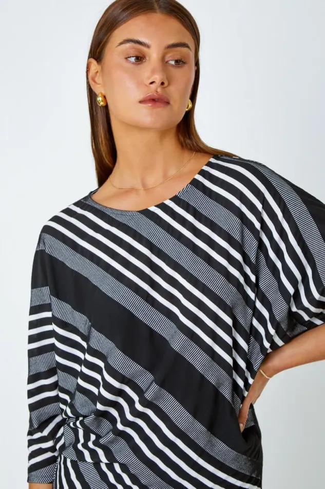 Women Black Relaxed Stripe Print Stretch Top Roman Tops