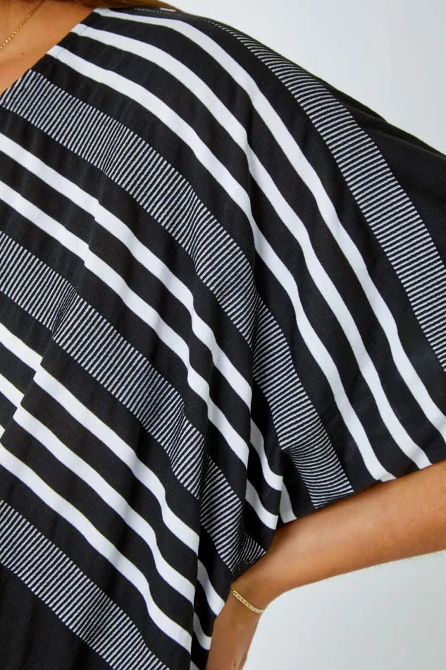Women Black Relaxed Stripe Print Stretch Top Roman Tops
