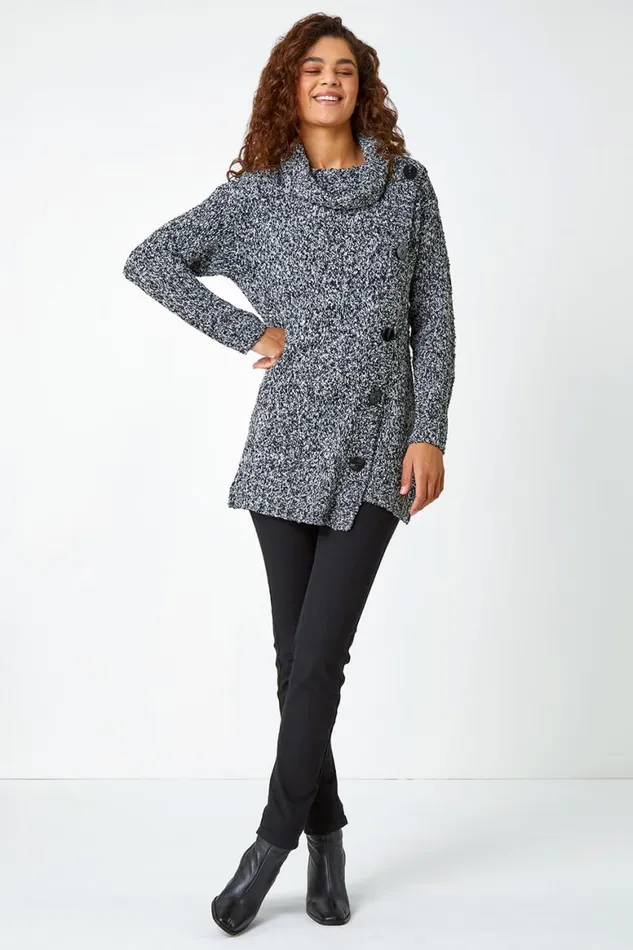 Women Black Roll Neck Button Detail Longline Jumper Roman Knitwear