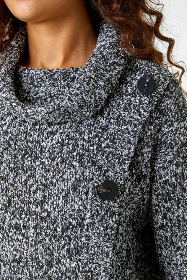 Women Black Roll Neck Button Detail Longline Jumper Roman Knitwear