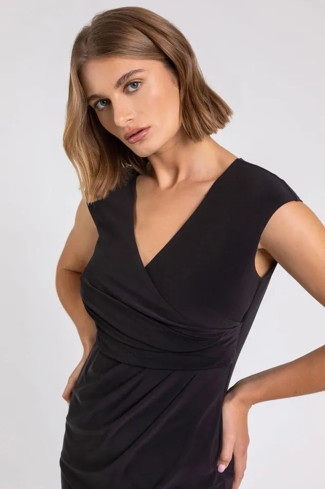 Women Black Ruched Waist Wrap Dress Roman Dresses