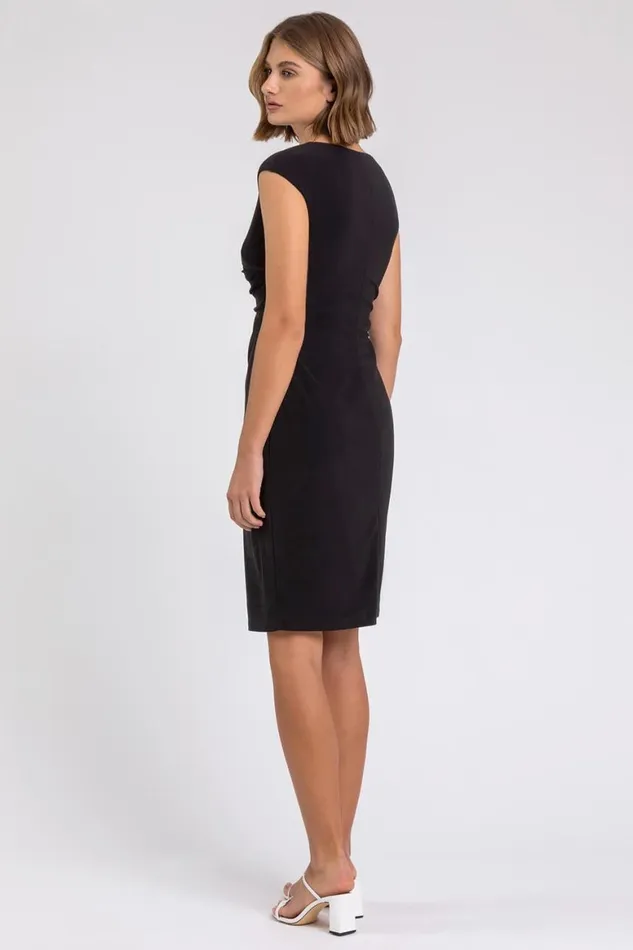 Women Black Ruched Waist Wrap Dress Roman Dresses