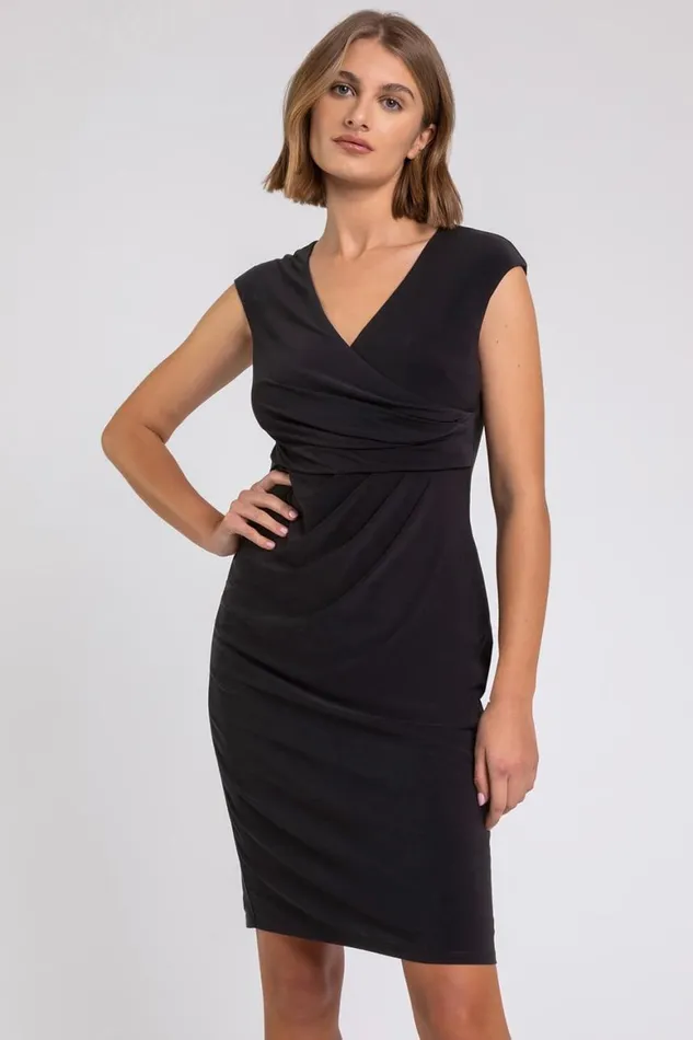 Women Black Ruched Waist Wrap Dress Roman Dresses