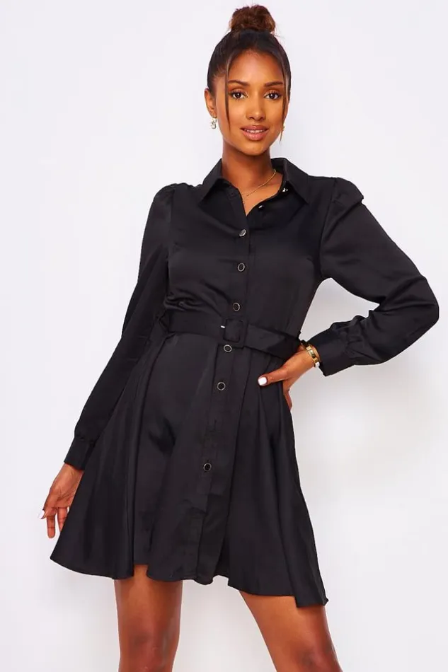 Women Black Satin Belted Shirt Dress Black Brentiny Paris Satin Dresses