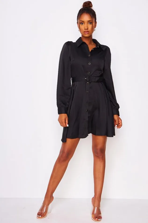 Women Black Satin Belted Shirt Dress Black Brentiny Paris Satin Dresses