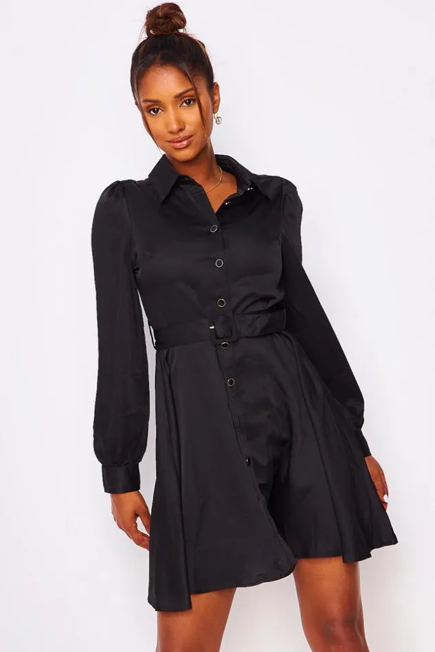Women Black Satin Belted Shirt Dress Black Brentiny Paris Satin Dresses
