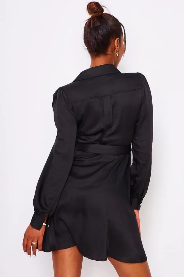 Women Black Satin Belted Shirt Dress Black Brentiny Paris Satin Dresses