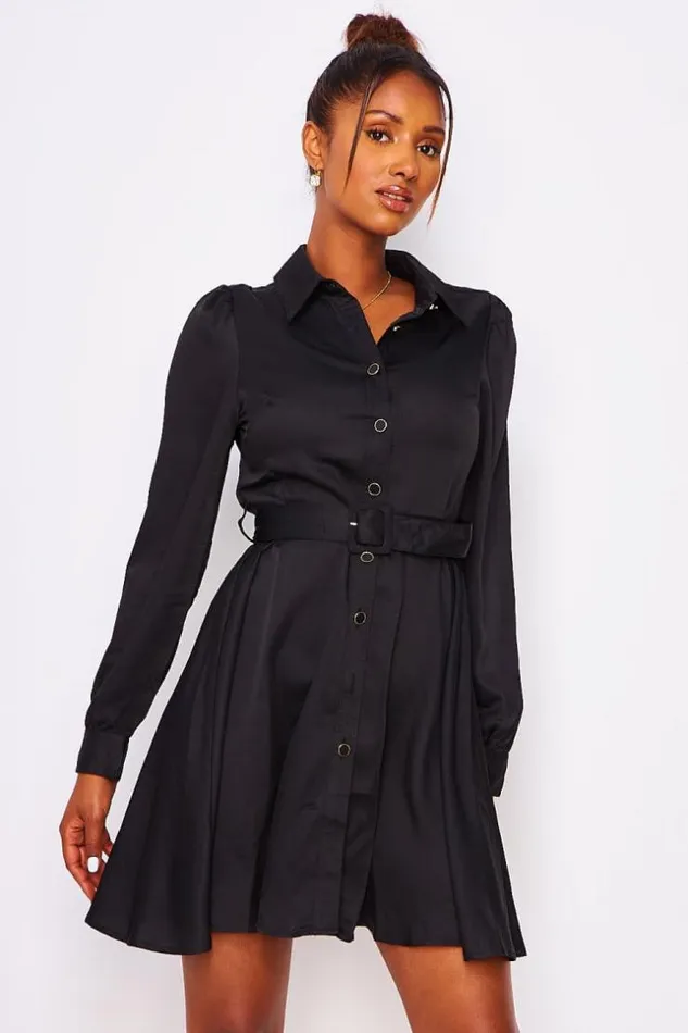 Women Black Satin Belted Shirt Dress Black Brentiny Paris Satin Dresses