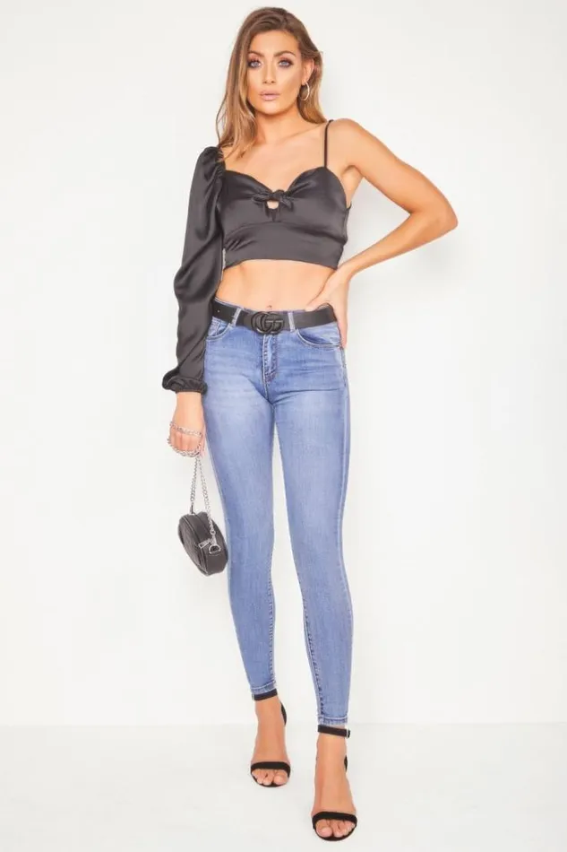 Women Black Satin One Shoulder Crop Top Black Brentiny Paris Lace Tops