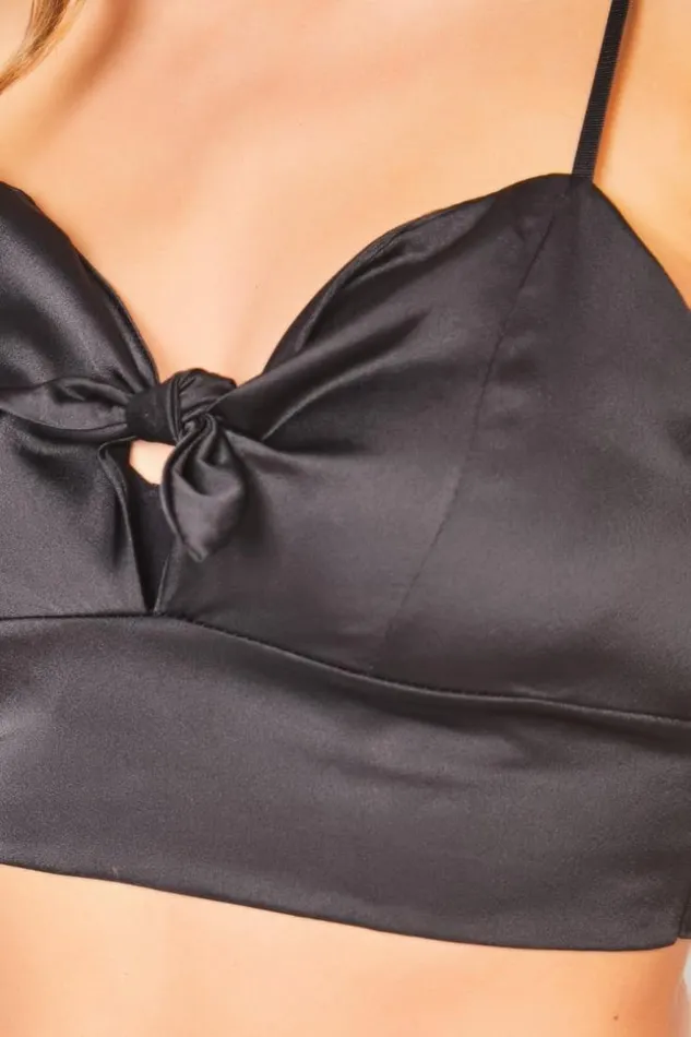 Women Black Satin One Shoulder Crop Top Black Brentiny Paris Lace Tops