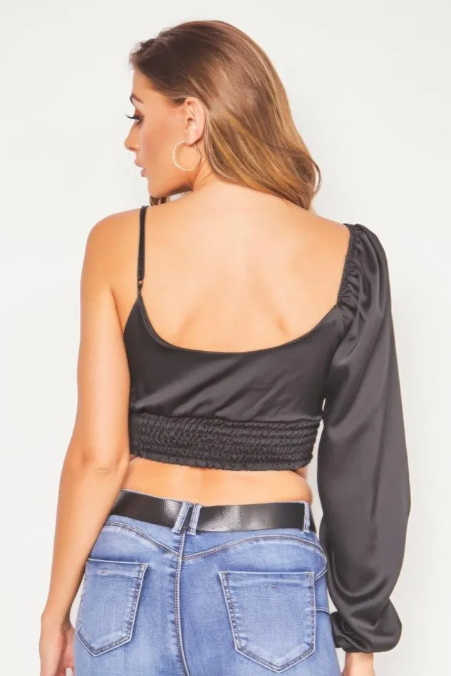Women Black Satin One Shoulder Crop Top Black Brentiny Paris Lace Tops