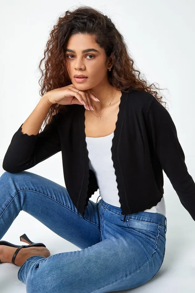 Women Black Scalloped Edge Stretch Knit Shrug Roman Knitwear