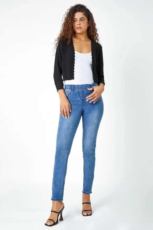 Women Black Scalloped Edge Stretch Knit Shrug Roman Knitwear
