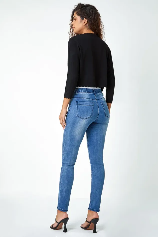 Women Black Scalloped Edge Stretch Knit Shrug Roman Knitwear