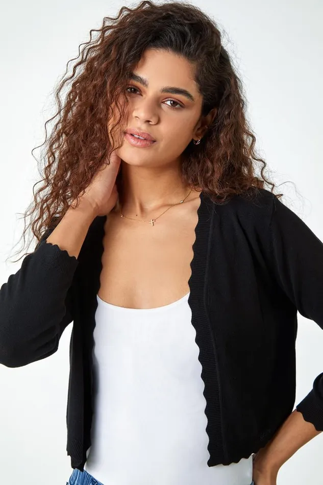 Women Black Scalloped Edge Stretch Knit Shrug Roman Knitwear