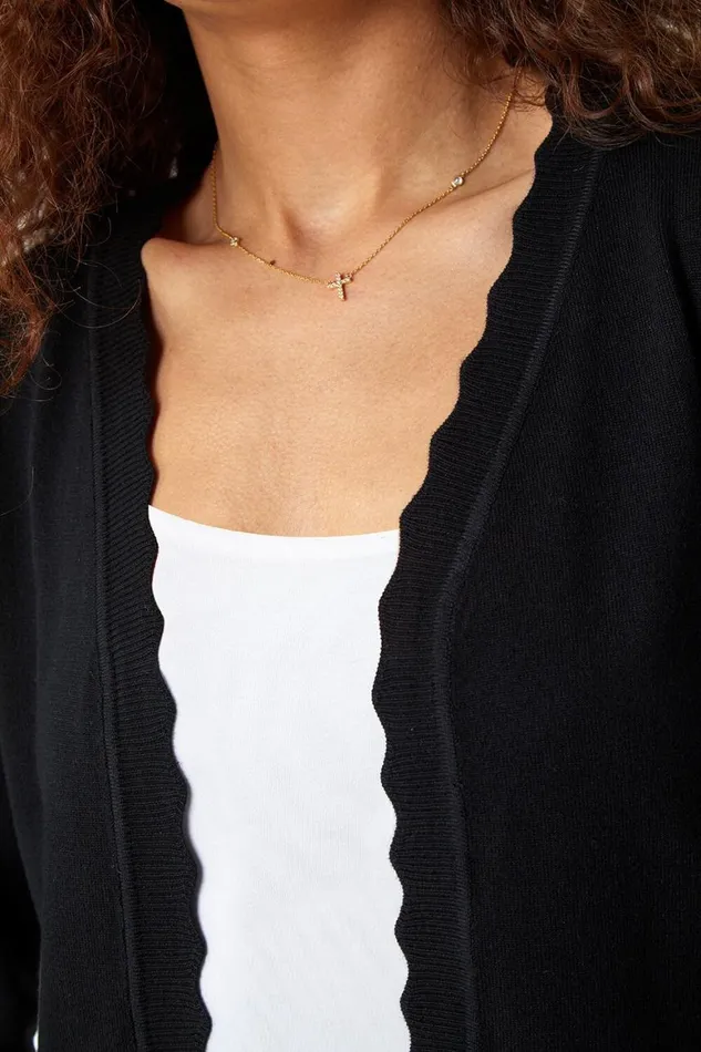Women Black Scalloped Edge Stretch Knit Shrug Roman Knitwear