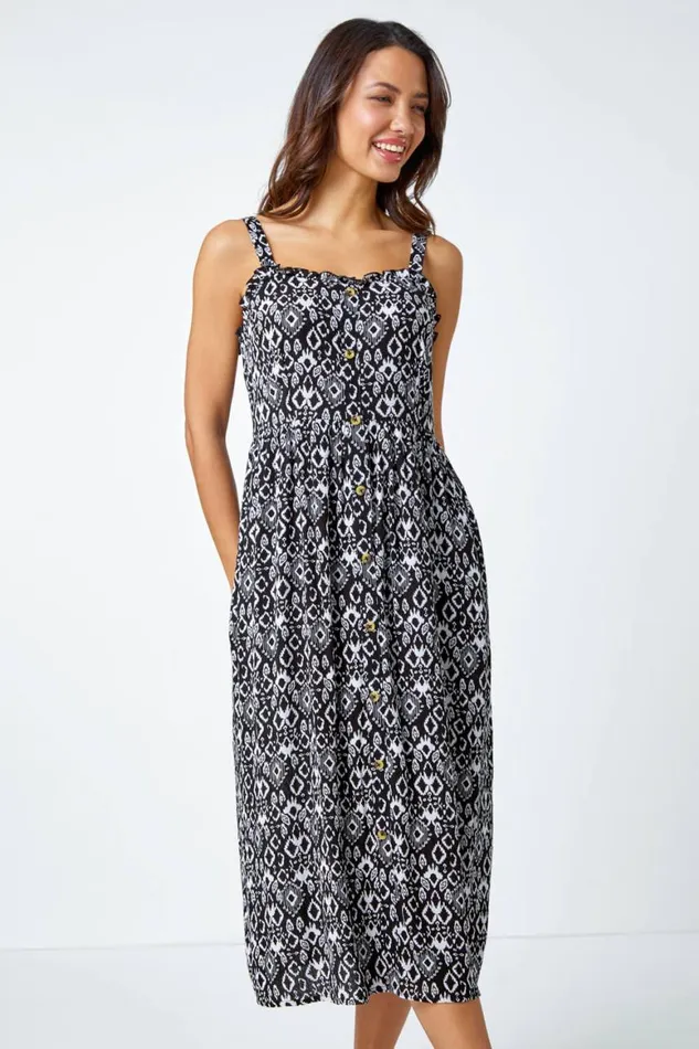 Women Black Sleeveless Aztec Print Midi Sun Dress Roman Dresses