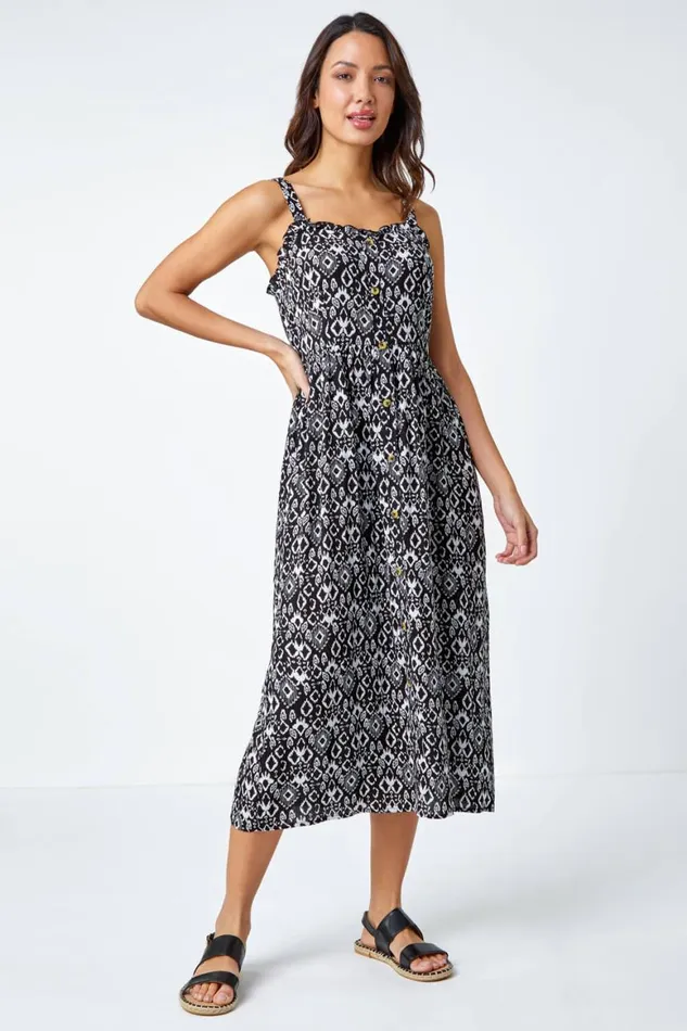 Women Black Sleeveless Aztec Print Midi Sun Dress Roman Dresses