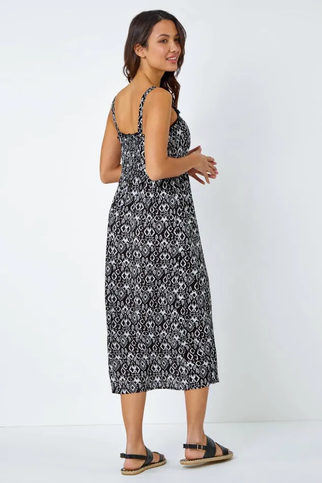Women Black Sleeveless Aztec Print Midi Sun Dress Roman Dresses
