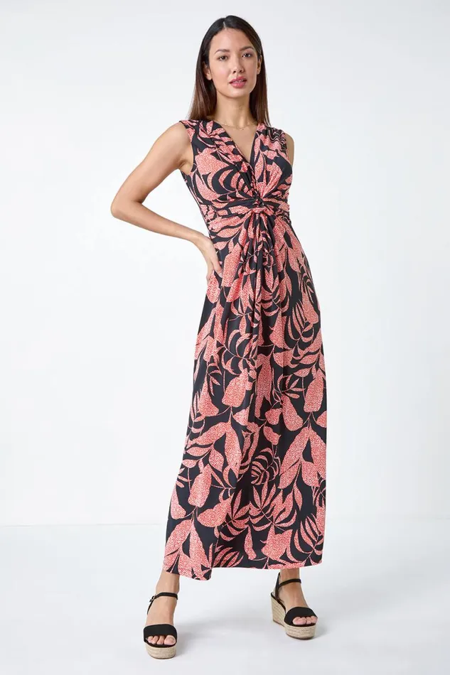 Women Black Sleeveless Floral Print Maxi Stretch Dress Roman Dresses