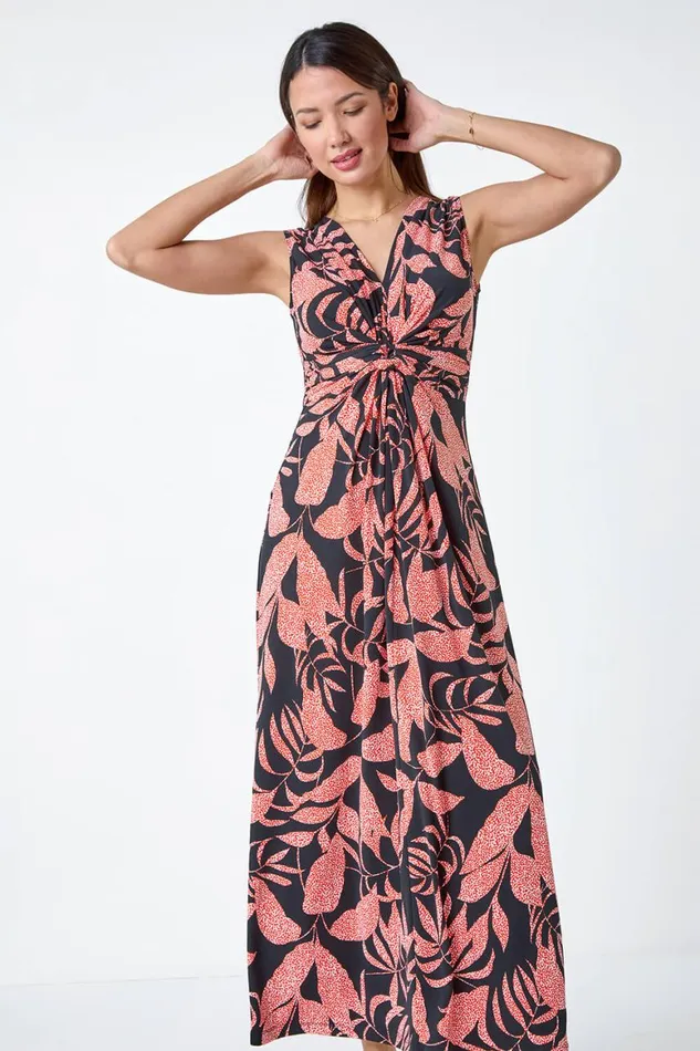 Women Black Sleeveless Floral Print Maxi Stretch Dress Roman Dresses