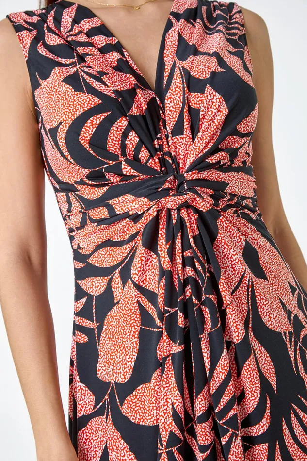 Women Black Sleeveless Floral Print Maxi Stretch Dress Roman Dresses