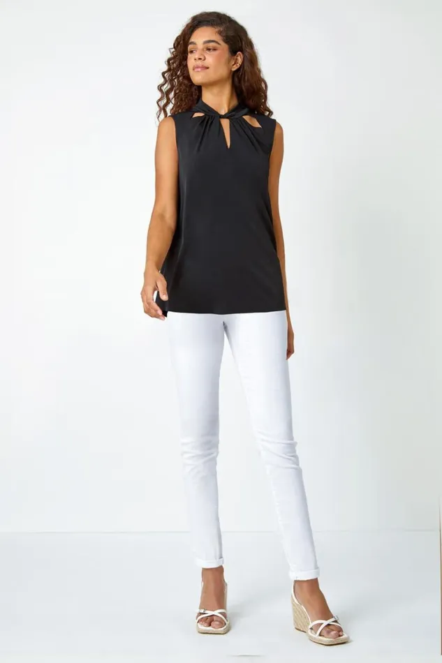 Women Black Sleeveless VNeck Twist Neck Stretch Top Roman Tops
