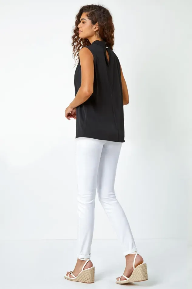 Women Black Sleeveless VNeck Twist Neck Stretch Top Roman Tops