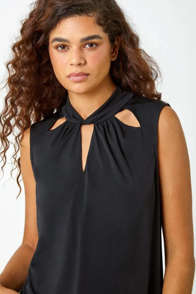 Women Black Sleeveless VNeck Twist Neck Stretch Top Roman Tops