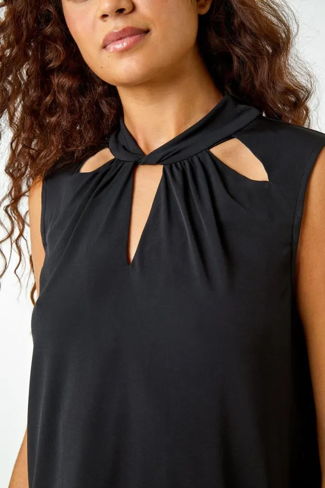 Women Black Sleeveless VNeck Twist Neck Stretch Top Roman Tops