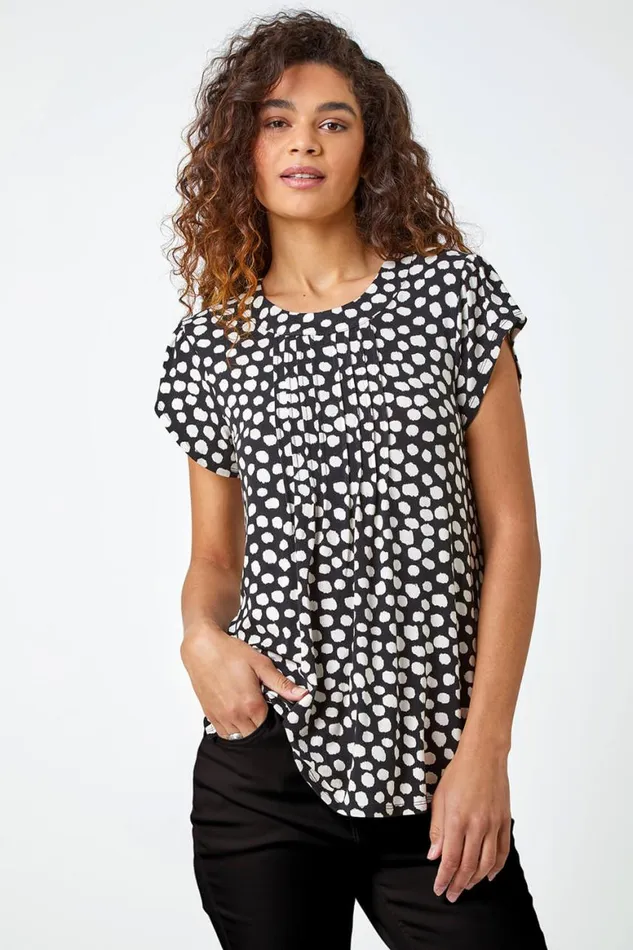 Women Black Spot Print Pleat Detail Blouse Roman Tops