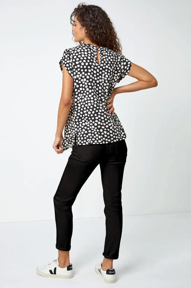 Women Black Spot Print Pleat Detail Blouse Roman Tops