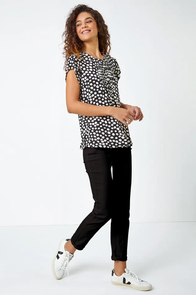 Women Black Spot Print Pleat Detail Blouse Roman Tops