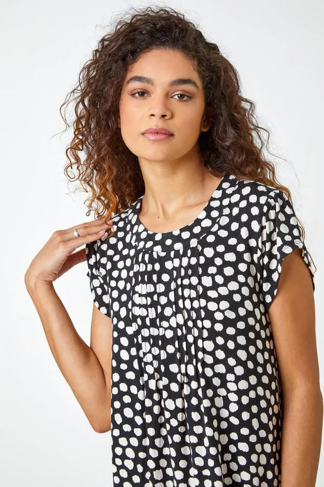 Women Black Spot Print Pleat Detail Blouse Roman Tops