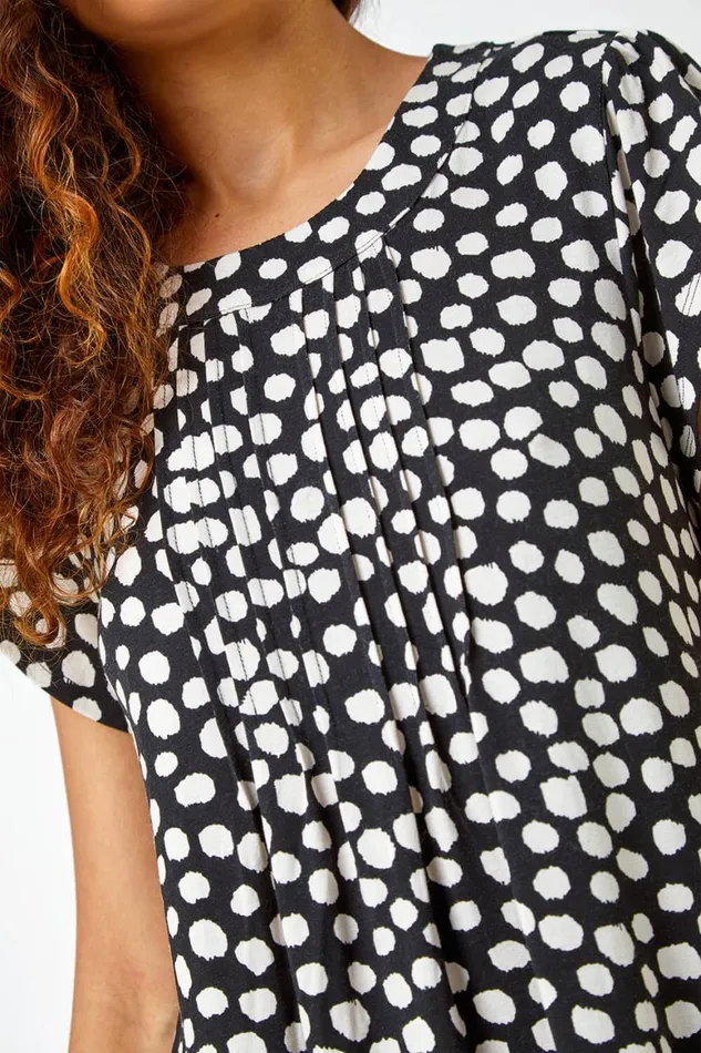 Women Black Spot Print Pleat Detail Blouse Roman Tops