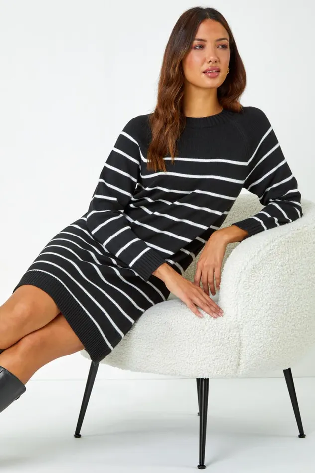 Women Black Stripe Print Knitted Jumper Dress Roman Dresses