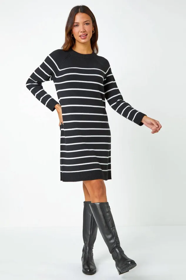 Women Black Stripe Print Knitted Jumper Dress Roman Dresses