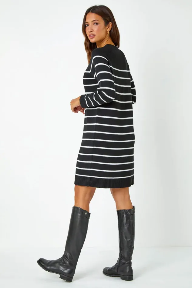 Women Black Stripe Print Knitted Jumper Dress Roman Dresses