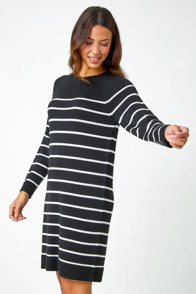 Women Black Stripe Print Knitted Jumper Dress Roman Dresses
