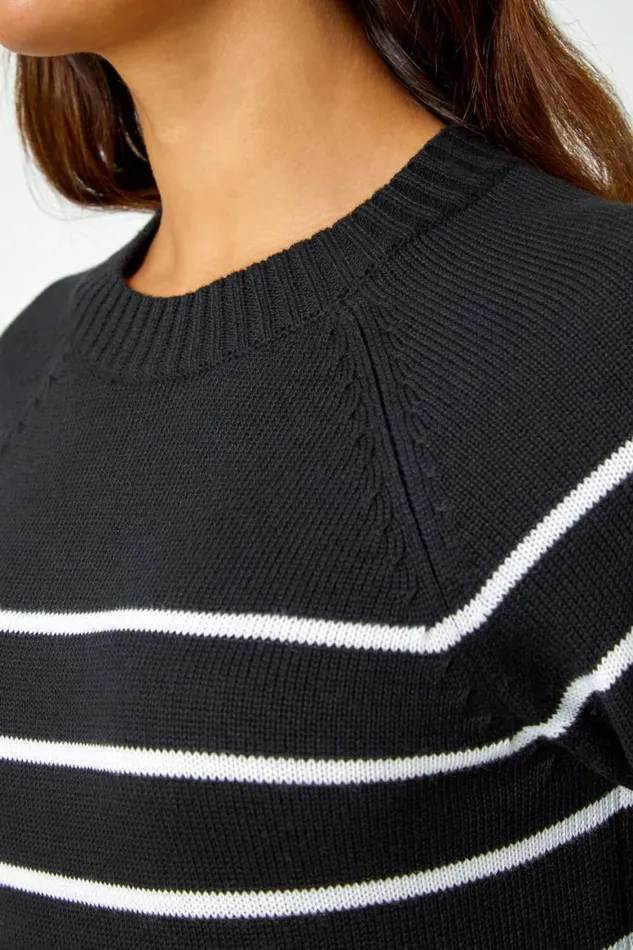 Women Black Stripe Print Knitted Jumper Dress Roman Dresses