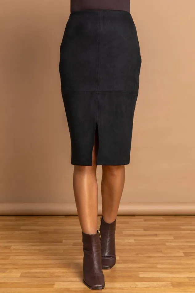 Women Black Suedette Stretch Pencil Skirt Roman Occasionwear