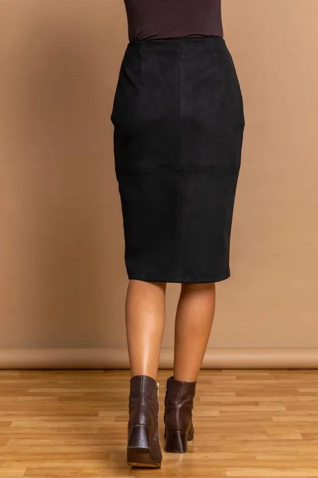 Women Black Suedette Stretch Pencil Skirt Roman Occasionwear