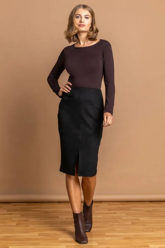 Women Black Suedette Stretch Pencil Skirt Roman Occasionwear
