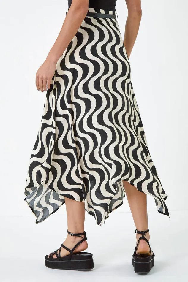 Women Black Swirl Print Belted Hanky Hem Midi Skirt Roman Skirts