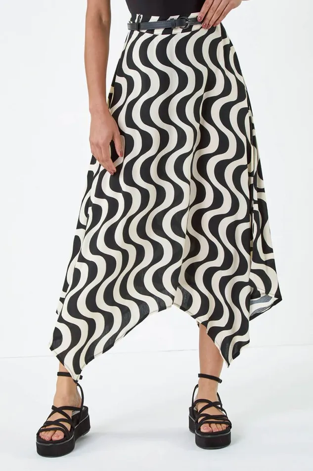 Women Black Swirl Print Belted Hanky Hem Midi Skirt Roman Skirts