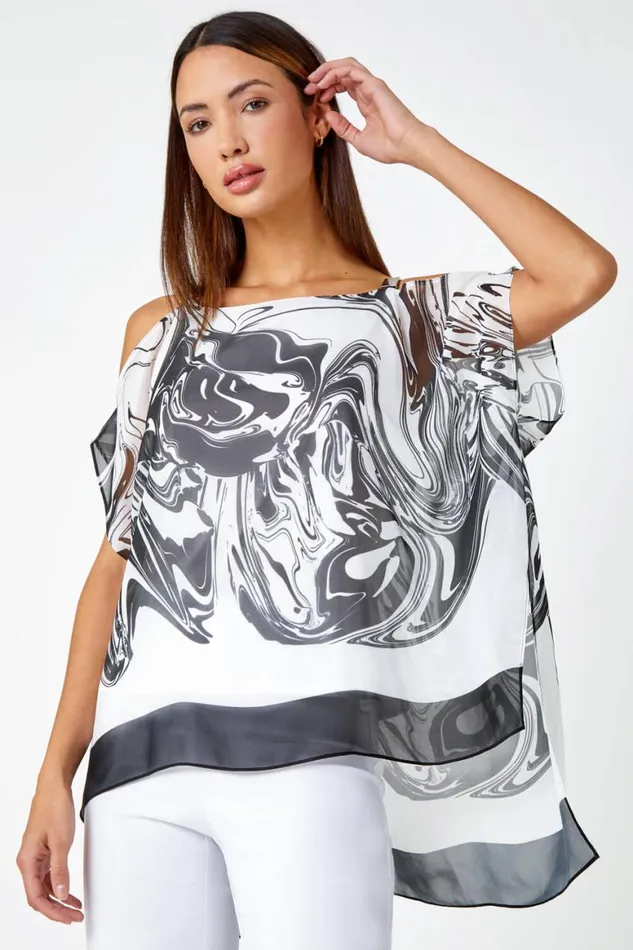 Women Black Swirl Print Cold Shoulder Overlay Top Roman Tops