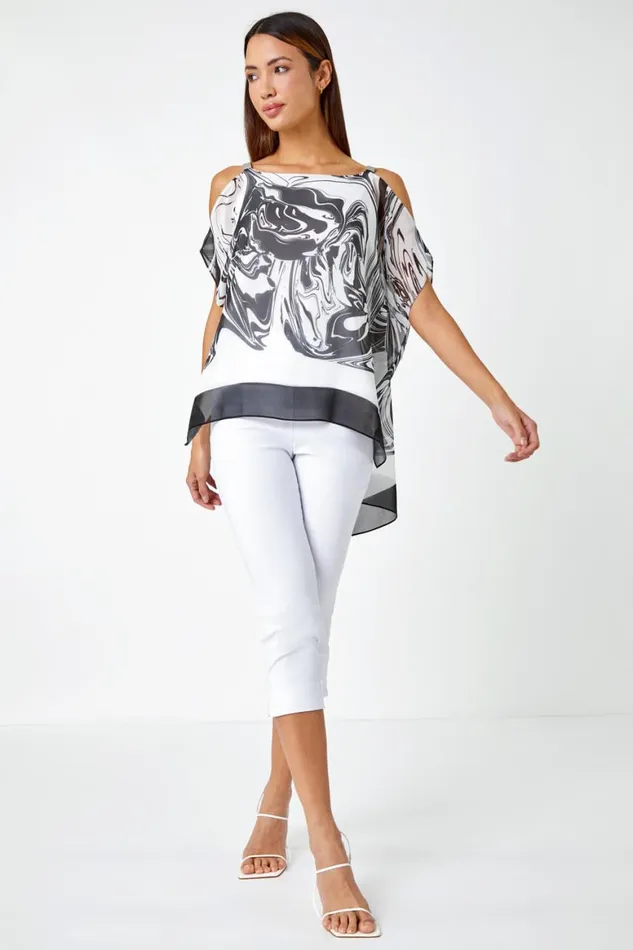 Women Black Swirl Print Cold Shoulder Overlay Top Roman Tops