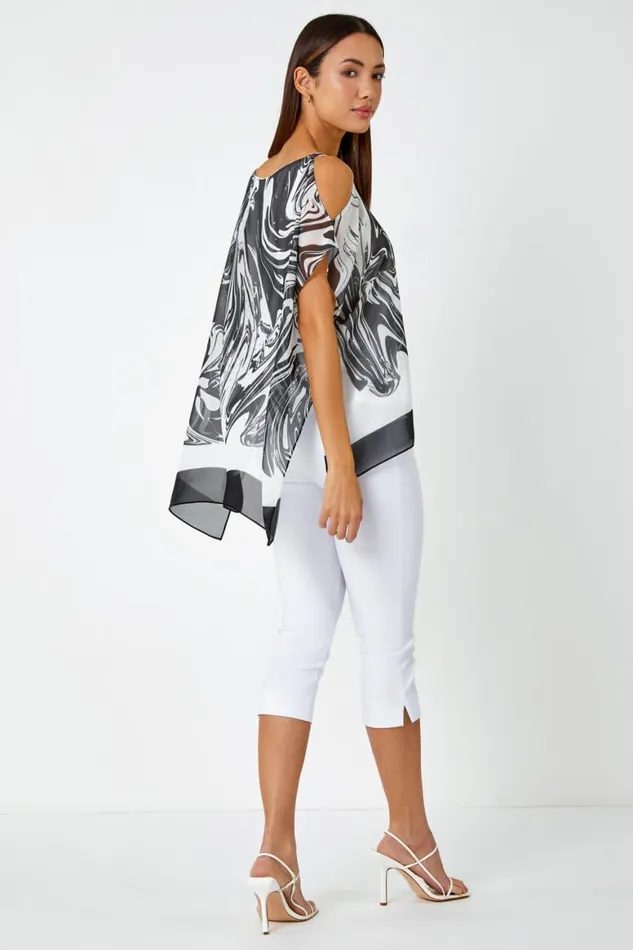 Women Black Swirl Print Cold Shoulder Overlay Top Roman Tops